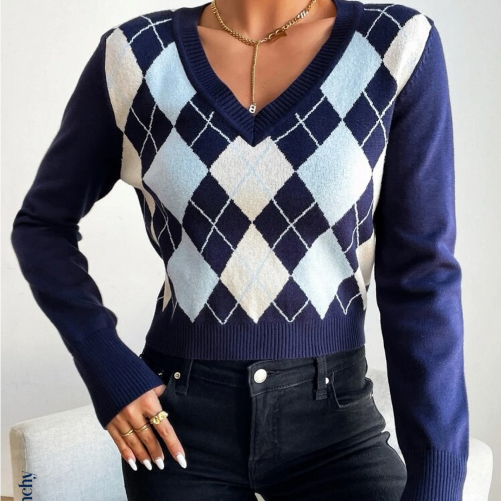Shein Argyle Pattern Cropped Sweater